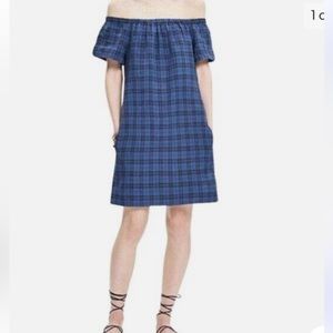 Madewell Blue Black Plaid Off-The-Shoulder Shift Dress
